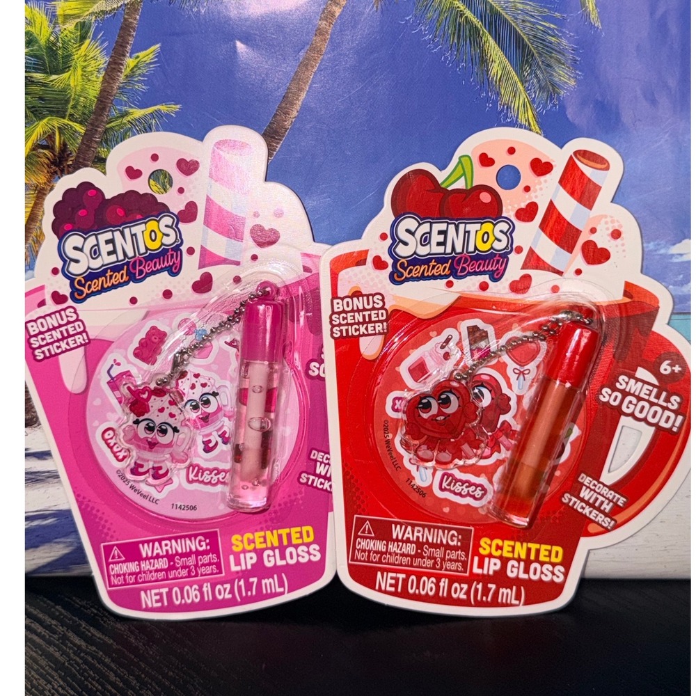 Scentos Scented Beauty Lip Gloss 2 Pack Pink Red Keychain Charm Bonus Sticker